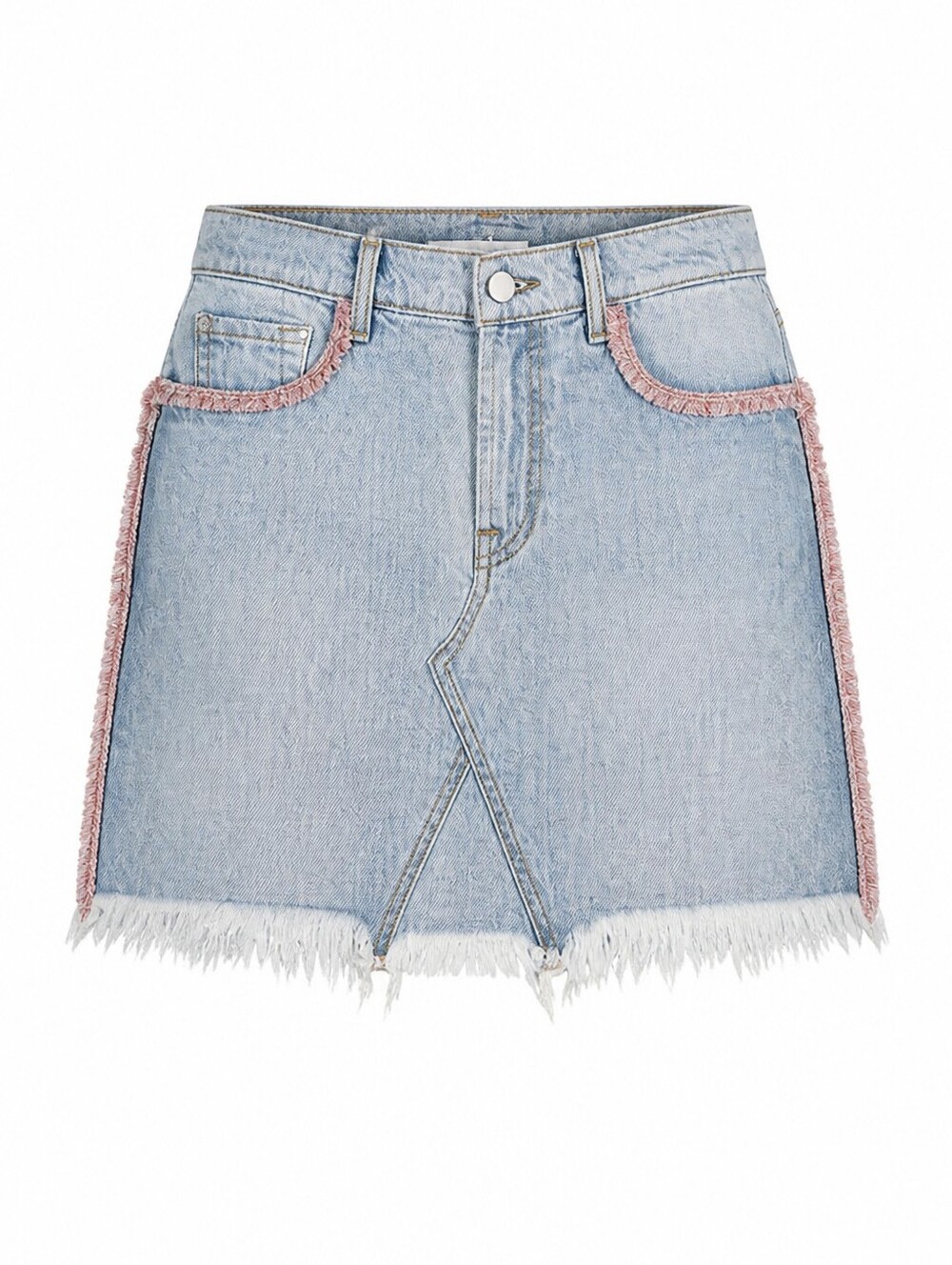 7 For All Mankind 7 FAM Light Blue Denim Mini Skirt Pink Fringe Trim Sz 26 NWT